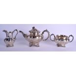 A VICTORIAN THREE PIECE SILVER TEASET. London 1841 & 1842. Teapot 29 cm wide. 48.5 oz. (3)