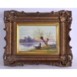 AN EX ROYAL WORCESTER ARTIST PLAQUE painted with a young girl in a punt by a tree by Alan Telford.
