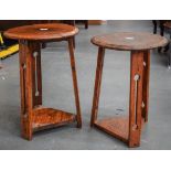 A NEAR PAIR OF EARLY 20TH CENTURY WOODEN TABLES OR STANDS, with elongated keyhole type cavity to
