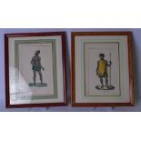 A PAIR OF HAND COLOURED ENGRAVINGS, depicting tribal figures. 21 cm x 13 cm.