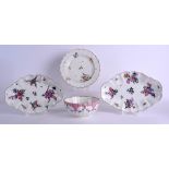 A GOOD PAIR OF 18TH CENTURY WORCESTER OVAL DISHES painted with flowers, together with a similar