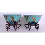 A PAIR OF EARLY 20TH CENTURY CHINESE TURQUOISE GLAZED BOWLS Qing, bearing Jiaqing marks to base,