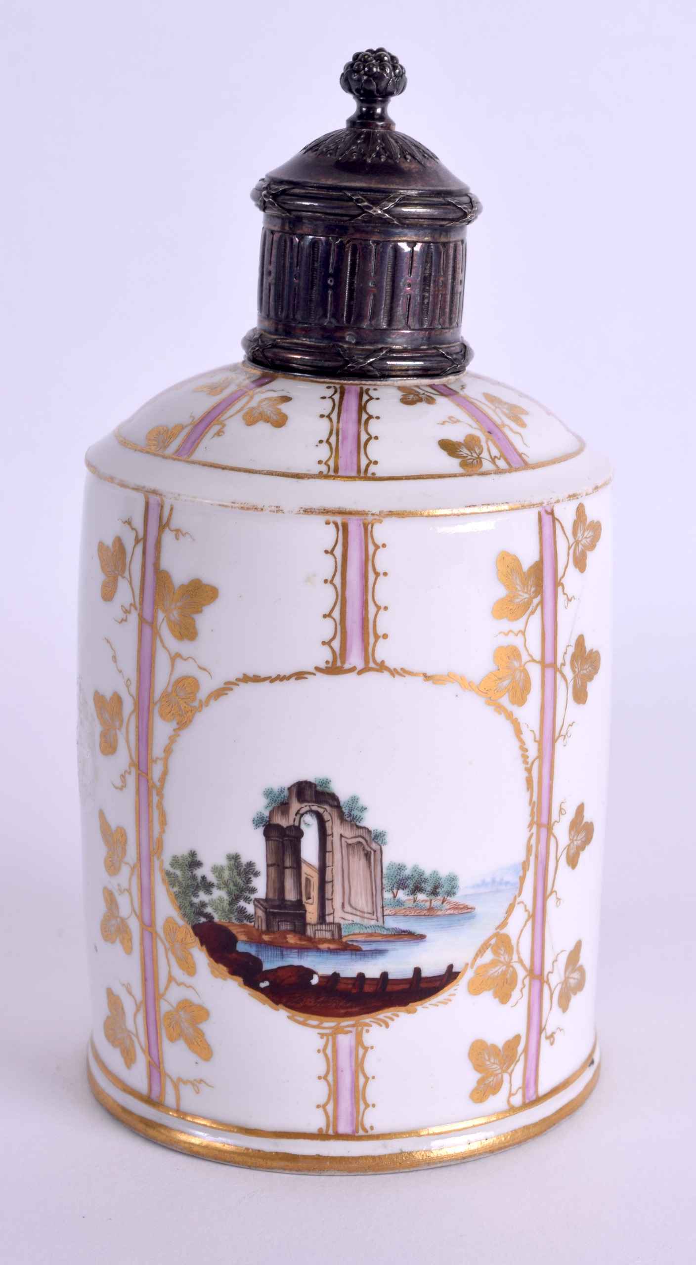 AN 18TH CENTURY GERMAN PORCELAIN TEA CANISTER with silver cover, painted with towns in the Meissen - Image 2 of 4