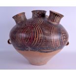 A CHINESE NEOLITHIC PERIOD POTTERY TULIP JARLET painted with red and brown glazed motifs. 38 cm x 35