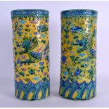 A PAIR OF 19TH CENTURY JAPANESE MEIJI PERIOD ENAMELLED SATSUMA BRUSH POTS painted with dragons