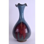 A LARGE CHINESE JUNYAO STONEWARE VASE with mushroom lip and red splash decoration. 31 cm high.