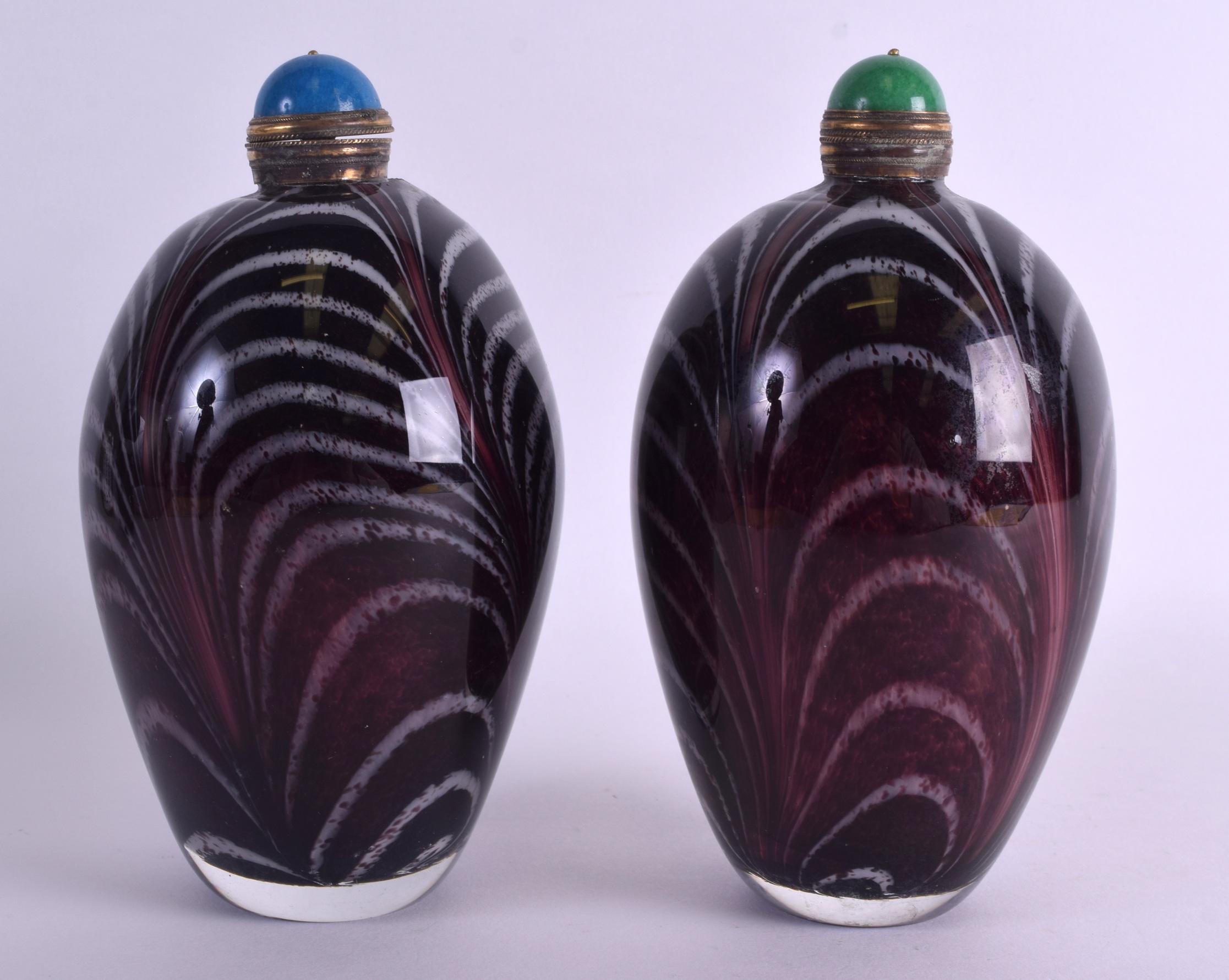 A LARGE PAIR OF CHINESE ART GLASS SCENT BOTTLE AND STOPPERS with swirling design. 19 cm x 8 cm. - Image 2 of 3