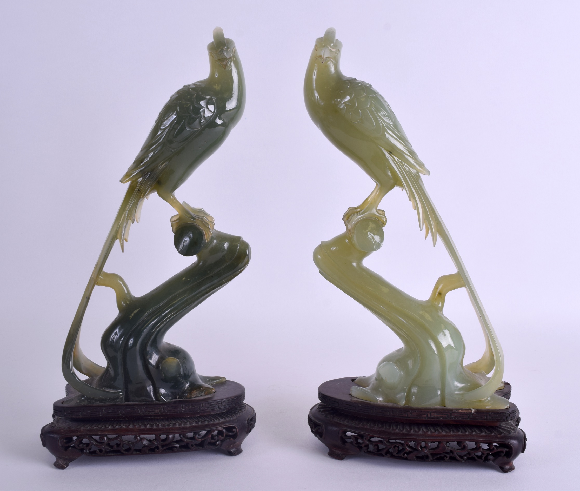A LARGE PAIR OF 19TH CENTURY CHINESE CARVED JADE FIGURES OF BIRDS modelled upon naturalistic - Image 2 of 3
