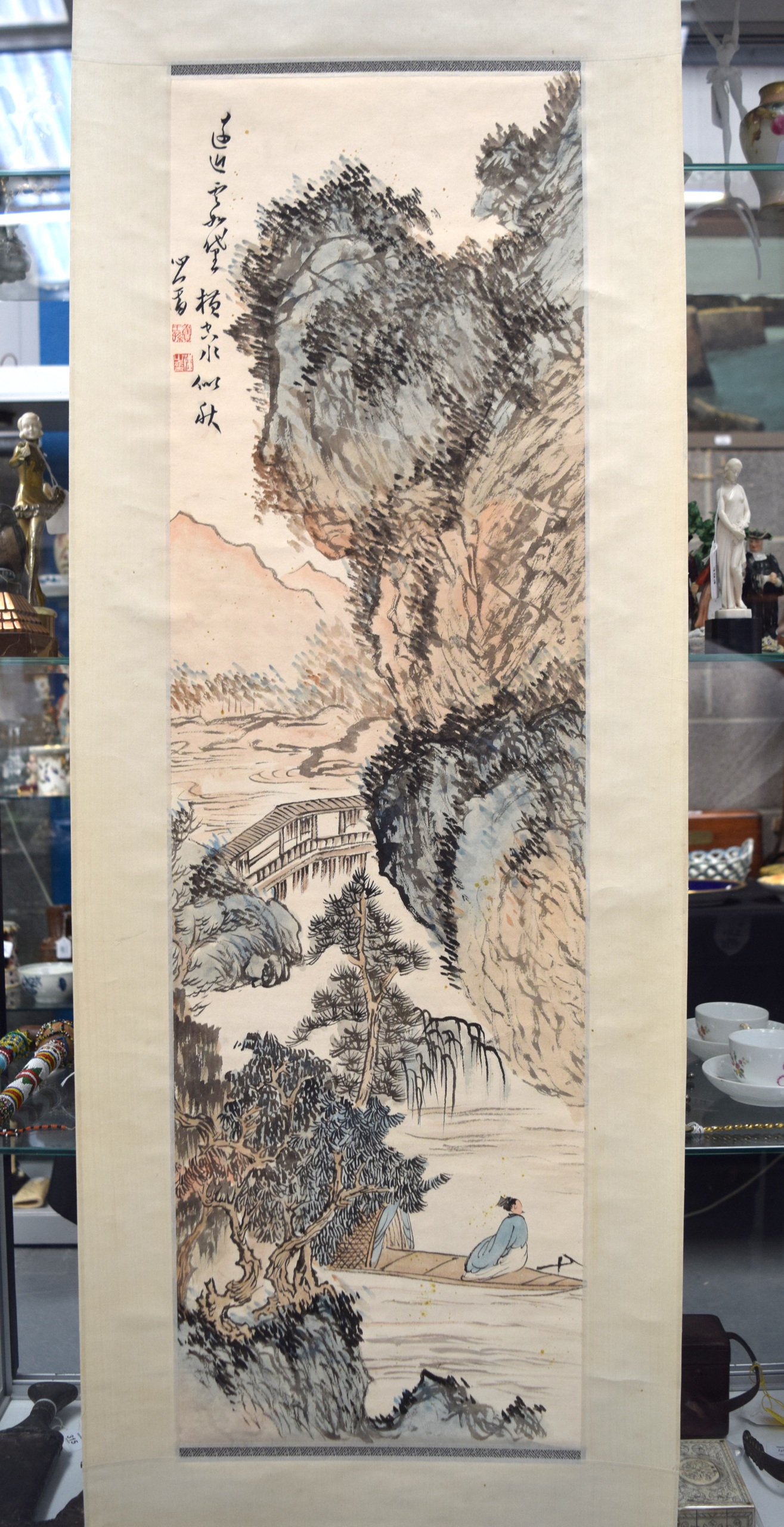 A CHINESE INKWORK SCROLL LANDSCAPE WATERCOLOUR 20th Century, painted with a fisherman. Image 108