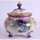 AN UNUSUAL ROYAL WORCESTER POT POURRI AND COVER C1905 painted with Mayberries. 11 cm x 13 cm.