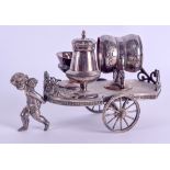 A MILLER & CO SILVER PLATED NOVELTY CRUET SET in the form of a cherub pulling a carriage. 15.5 cm