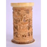 A 19TH CENTURY CHINESE CANTON CARVED IVORY BRUSH POT or possibly a cricket cage, decorated with