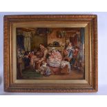 MANNER OF JAN THOMAS VAN KESSEL (1677-1741), framed oil on board, unsigned, a family in a busy