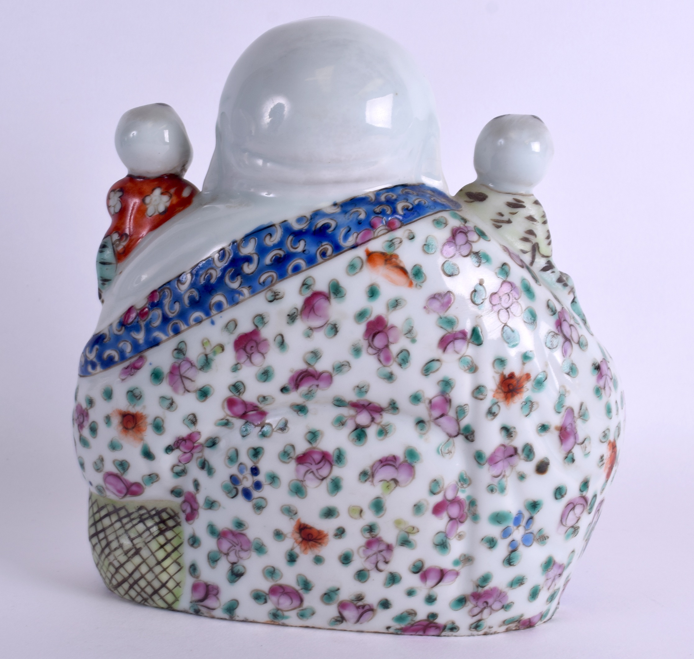 AN EARLY 20TH CENTURY CHINESE FAMILLE ROSE PORCELAIN FIGURE OF A BUDDHA modelled with five - Image 2 of 3