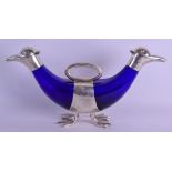 A NOVELTY SILVER PLATED BLUE GLASS DOUBLE DUCK DECANTER. 38 cm wide.