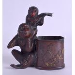 A 19TH CENTURY JAPANESE MEIJI PERIOD SPELTER MONKEY GROUP modelled beside a vessel decorated with