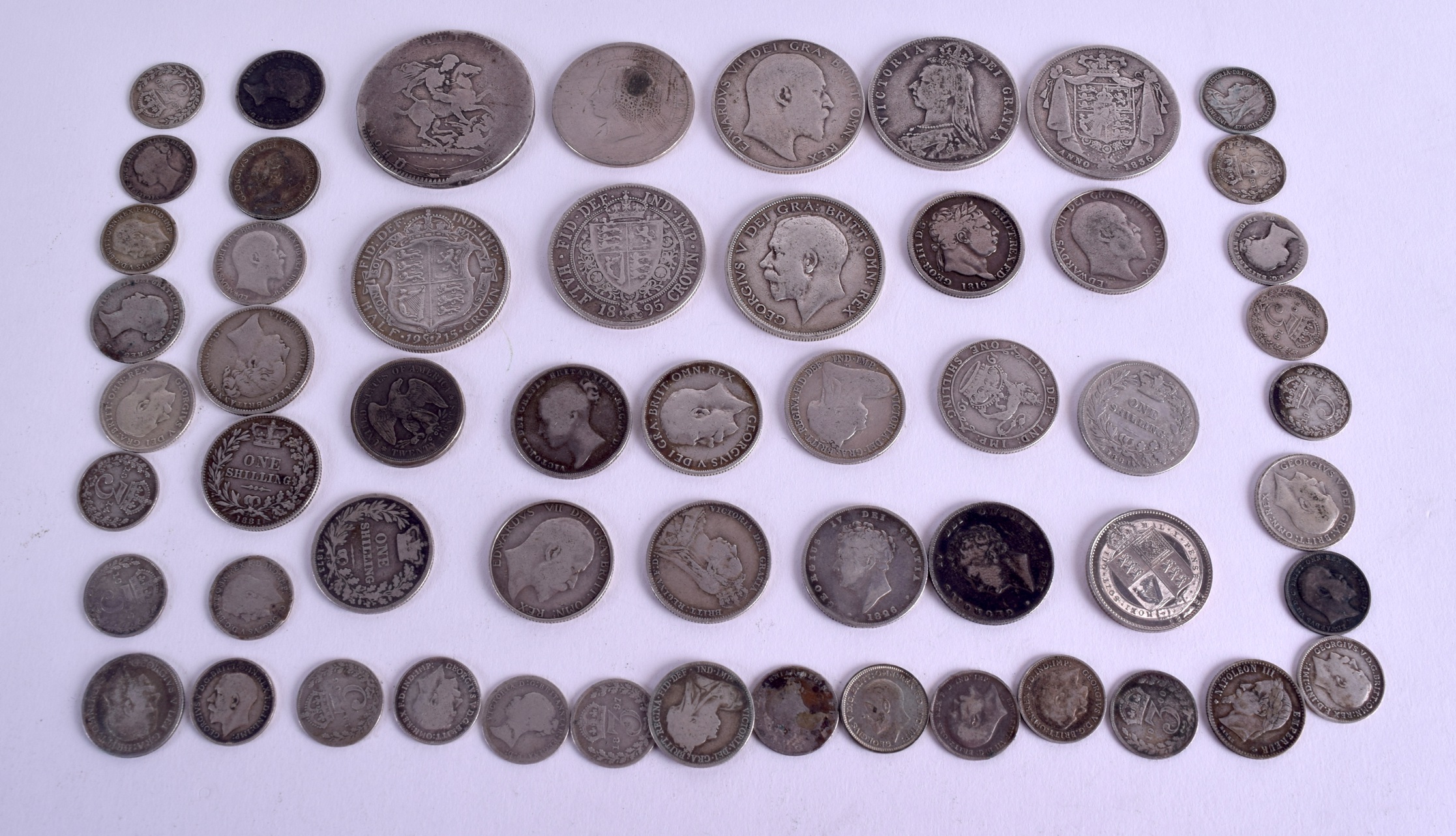 A COLLECTION OF VARIOUS SILVER COINS including crowns, shillings etc. 265 grams. (qty)