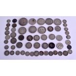 A COLLECTION OF VARIOUS SILVER COINS including crowns, shillings etc. 265 grams. (qty)