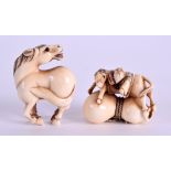 AN EARLY 20TH CENTURY JAPANESE MEIJI PERIOD CARVED IVORY NETSUKE C1910 modelled as a rearing