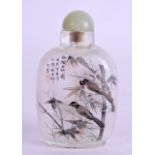 A GOOD CHINESE REVERSE PAINTED SNUFF BOTTLE painted with birds and calligraphy. 8.25 cm high.