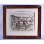 SCHOOL OF WILLIAM J ALLINGHAM (fl. 1890-1920), framed hand coloured engraving, a crowd playing