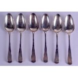 A SET OF SIX 18TH CENTURY SILVER SPOONS. London 1759. 13.7 oz. 21 cm long. (6)