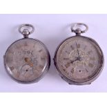 TWO 19TH CENTURY SILVER POCKET WATCHES with engraved silver faces. 5 cm diameter. (2)