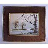 MICHAEL JOHN HILL (b. 1956), framed oil on board, signed, trees in a winter landscape. 27 cm x 37