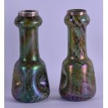 A PAIR OF ART NOUVEAU SILVER TOPPED ART GLASS VASES with English mounts. London 1905 & Sheffield