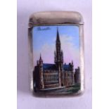 AN EARLY 20TH CENTURY CONTINENTAL SILVER AND ENAMEL VESTA CASE painted with a view of Brussels. 4.