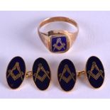 A 9CT GOLD MASONIC RING together with matching cufflinks. 14.2 grams. (3)
