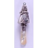 A RARE ANTIQUE ENGLISH SILVER AND MOTHER OF PEARL BABIES RATTLE. 9.25 cm long.