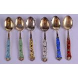 A SET OF NORWEGIAN SILVER AND ENAMEL SPOONS. 8.5 cm long. (6)