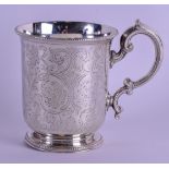 A VICTORIAN ENGRAVED SILVER CHRISTENING MUG. Birmingham 1885. 5.6 oz. 8.75 cm high.