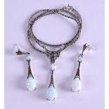A PAIR OF SILVER OPAL EARRINGS together with a matching necklace. (3)