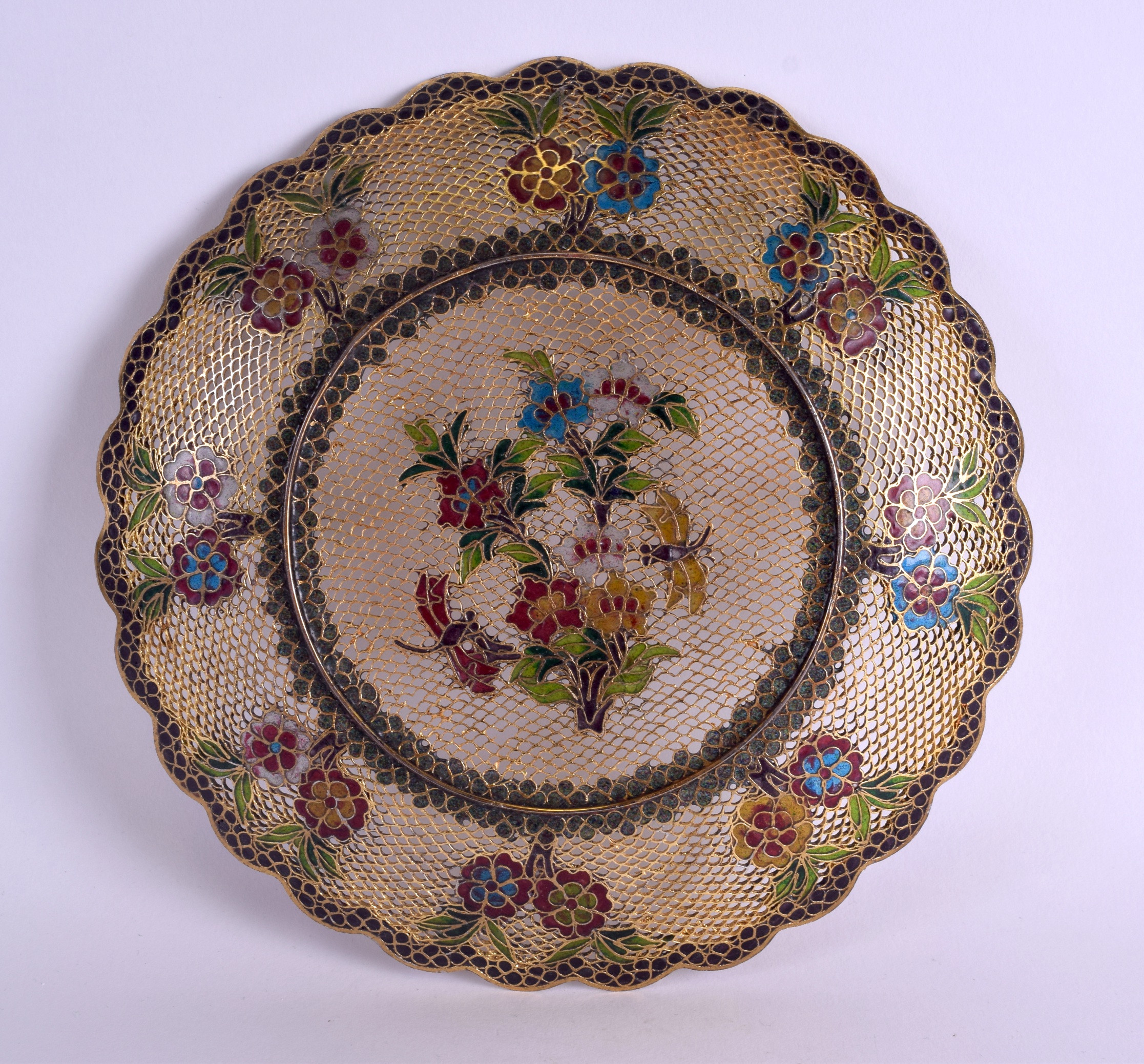 A LOVELY 19TH CENTURY CHINESE PLIQUE A JOUR ENAMEL DISH of open work form, decorated with floral - Image 2 of 3