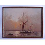 L ALEXIS (Greek), framed oil on board, signed, a sailing barge in a coastal landscape. 29 cm x 38.