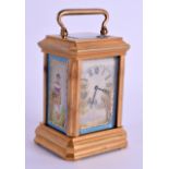 A MINIATURE SEVRES STYLE CARRIAGE CLOCK painted with porcelain panels of females. 8.25 cm high inc