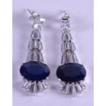 A LARGE PAIR OF SILVER OVAL SAPPHIRE DROP EARRINGS.