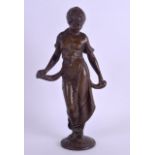 A 19TH CENTURY EUROPEAN BRONZE FIGURE OF A STANDING FEMALE modelled holding her dress aloft. 24 cm