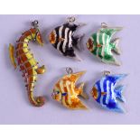 FIVE CHINESE SILVER AND ENAMEL FISH PENDANTS. (5)