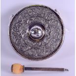 A MIDDLE EASTERN ISLAMIC SILVER HANGING GONG decorated with foliage. 8.2 oz. (2)