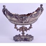 A 19TH CENTURY CONTINENTAL SILVER PLATED BOAT SHAPED BOWL with caryatid handles. 19 cm x 17 cm.