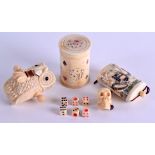 A CARVED BONE TAPE MEASURE together with a bone inro & a bone dice shaker. (3)