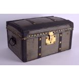 AN ANTIQUE PAINTED WOOD AND LEATHER DOME BRASS STUD WORK TRUNK. 36 cm x 25 cm.Wear and splits to