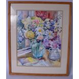 JEAN EARLE (20th century), framed watercolour, signed, still life flowers and books on a table. 46