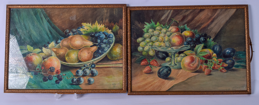A PAIR OF WATERCOLOURS BY ROYAL WORCESTER ARTIST R BEVINGTON, still life study of fruit, signed &