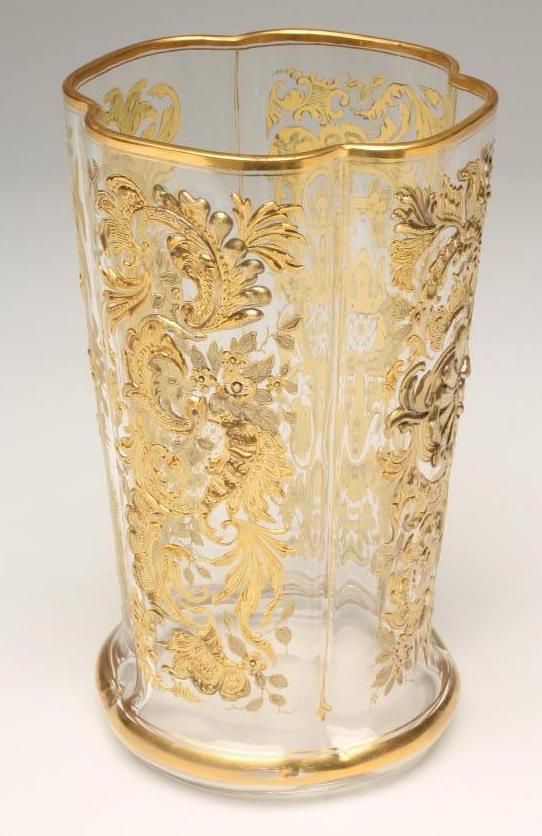 A THOMAS WEBB STYLE GLASS VASE, of flared quatrefoil form, enamelled and gilded in the style of