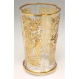 A THOMAS WEBB STYLE GLASS VASE, of flared quatrefoil form, enamelled and gilded in the style of