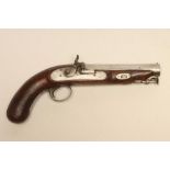 A PILL LOCK PISTOL, 19th century, with 5 6/8" barrel stamped 20, front sight, swivel ram and